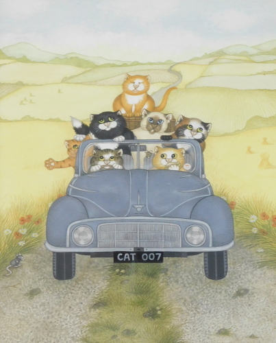 Linda Jane Smith (b.1962). 7 cats in Morris Minor, watercolour, initialled, 29.5cm x 24.5cm. Label verso Halcyon Gallery Birmingham.