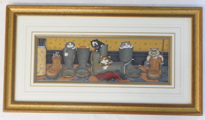 Linda Jane Smith (b.1962). Tiger feet cats and mice playing in Wellington boots, watercolour, initialled, 14.5cm x 45cm. Label verso Halcyon Gallery Birmingham. - 2