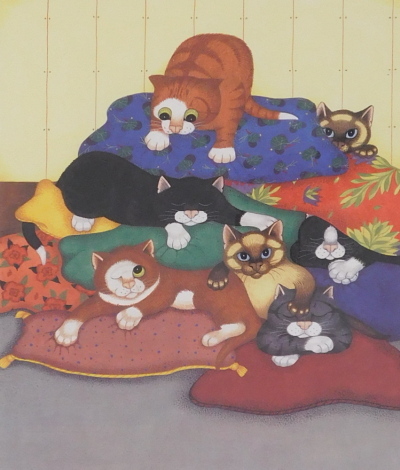 Linda Jane Smith (b.1962). Kittens and Cushions, artist signed, titled limited edition coloured print, 266/850, 29cm x 25cm.