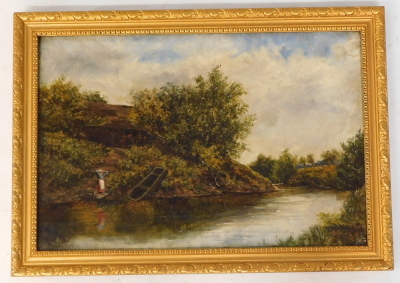 F.E. Hill. River landscape with figure, oil on canvas, attributed and dated c.1880, 29.5cm x 44.5cm. - 2