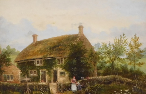 William Percy Rowbottom (1865-1943). Figure outside country cottage, oil on board, signed and dated 1890, 19.5cm x 30cm.