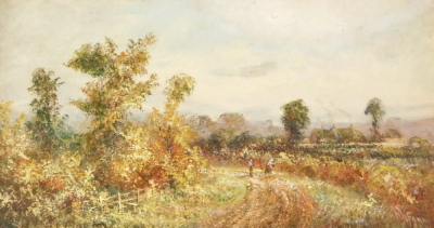 W.H. Fann (19thC). Country track with figures, oil on board, signed and dated 1909, 12cm x 22cm.