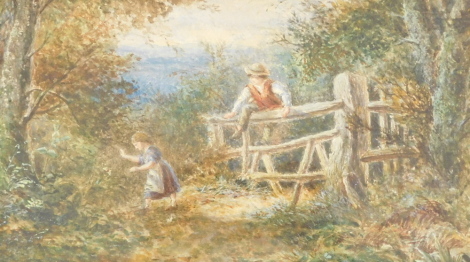 Manner of Myles Birket Foster. Children jumping stile, watercolour, 16.5cm x 29cm.