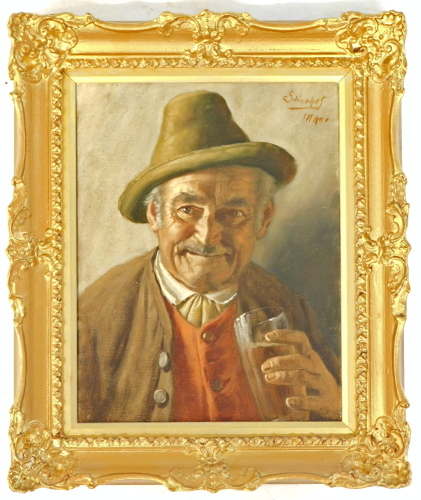 Ernst Stierhof (b.1918). Gentleman drinking, oil on canvas, signed and dated (19)67, 22cm x 17.5cm.