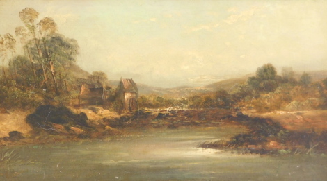 19thC School. River scene with watermill, oil on canvas, 24cm x 43.5cm.