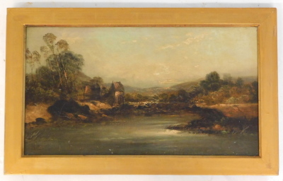 19thC School. River scene with watermill, oil on canvas, 24cm x 43.5cm. - 2