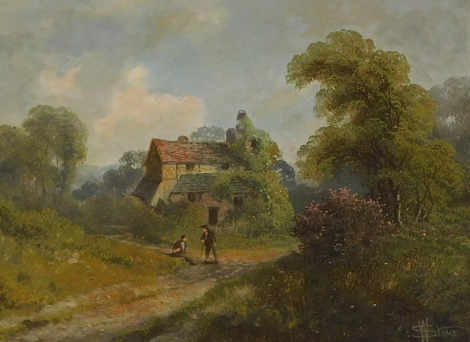 William R. Stone (1839-1889). Country cottage with figures, oil on canvas, signed, 29cm x 38.5cm.