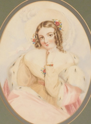 19thC School. Portrait of a maiden, watercolour, 22cm x 16.5cm.