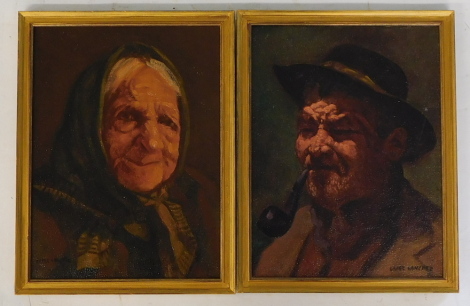 Lonez Sanchez. Portrait of a gentleman smoking a pipe, and lady, oil on canvas - pair, signed, 25c x 19cm (2).