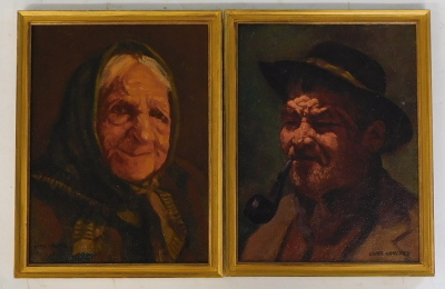 Lonez Sanchez. Portrait of a gentleman smoking a pipe, and lady, oil on canvas - pair, signed, 25c x 19cm (2).