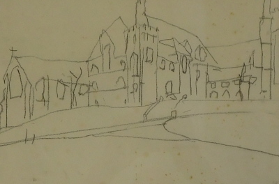 Bernard Kay (1927-2021). Church study, drawing, initialled, 24cm x 34cm.