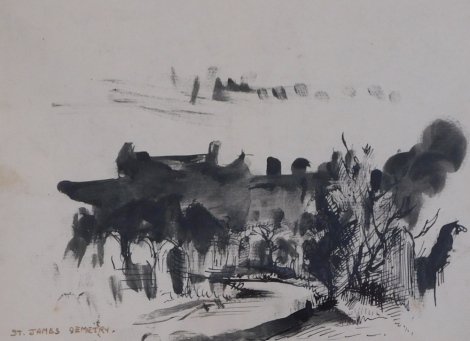 Bernard Kay (1927-2021). St. James Cemetery, drawing, titled, dated Feb 1944, 17cm x 22.5cm.