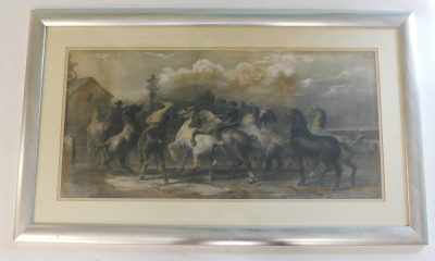 After Rosa Bonheur. Horse rustlers, lithograph, later coloured, 39cm x 83cm. - 2