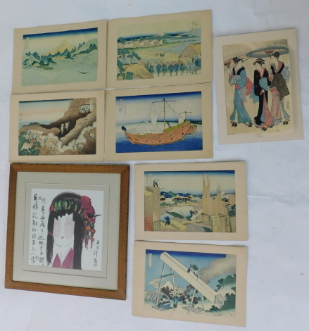 20thC Japanese School. Three female figures, coloured print, unframed 38cm x 26cm, other similar prints and a modern print.