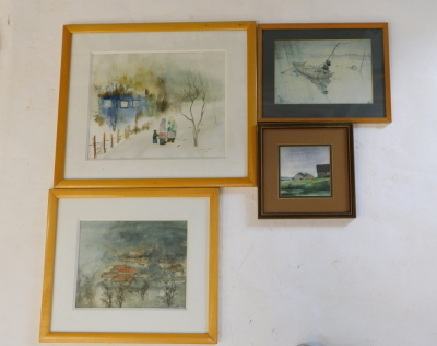 Saadet Gozde (Turkish School). Figures in a street, watercolour, 29cm x 34cm and another work by the artist, a landscape signed by Brian Pratt and a print (3).