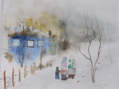 Saadet Gozde (Turkish School). Figures in a street, watercolour, 29cm x 34cm and another work by the artist, a landscape signed by Brian Pratt and a print (3). - 2