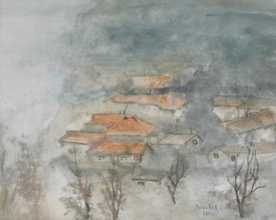 Saadet Gozde (Turkish School). Figures in a street, watercolour, 29cm x 34cm and another work by the artist, a landscape signed by Brian Pratt and a print (3). - 4