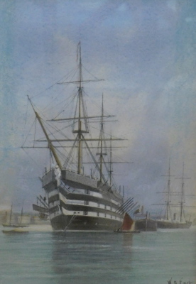 W. A. Earp. HMS Victory entering Portsmouth, watercolour, signed, 22cm x 15cm.