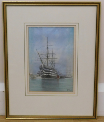 W. A. Earp. HMS Victory entering Portsmouth, watercolour, signed, 22cm x 15cm. - 2