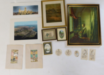 19thC Middle Eastern School. Accumulated book pages, possibly from the Koran, watercolour, 17.5cm x 10cm and various pictures and prints (a quantity).