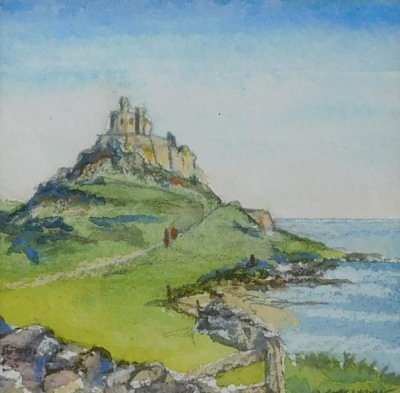 Judith Currie. Looking to the mainland from Lindisfarne, watercolour, 10cm x 10cm.