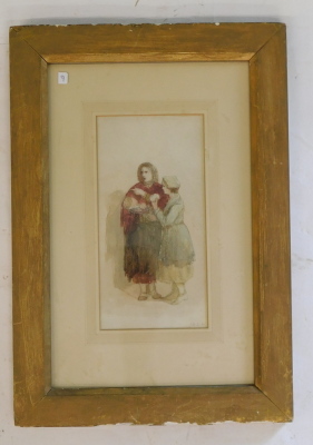 19thC School. Female figures with baby, watercolour, unsigned, dated 1864, 22cm x 11cm. - 2