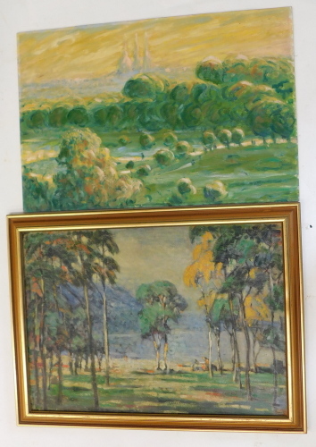 20thC Continental School. Lake scene with figures and trees, oil on board, unsigned, 49cm x 69cm and 20thC Continental School, woodland scene with figures, oil on board, 50cm x 75cm (unframed) (2).