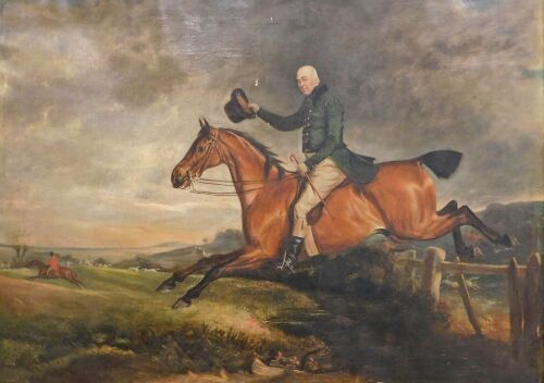 Claude Lorraine Ferneley (1822-1891) after John E. Ferneley (1782-1860). Mr George Marriott on a bay hunter, taking a fence and raising his top hat, probably hunting with The Quorn and with Billesdon Coplow in the distance, with other huntsmen and hounds