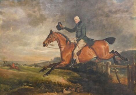 Claude Lorraine Ferneley (1822-1891) after John E. Ferneley (1782-1860). Mr George Marriott on a bay hunter, taking a fence and raising his top hat, probably hunting with The Quorn and with Billesdon Coplow in the distance, with other huntsmen and hounds 