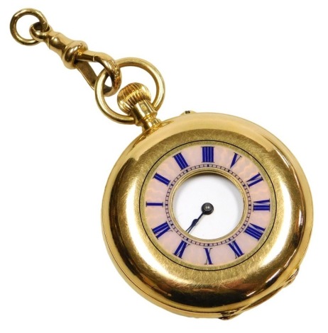 A Victorian half hunter pocket watch, keyless wind, circular enamel dial bearing Roman numerals, movement by John Ashworth and Company, Manchester and Geneva, number 10053, the case monogram engraved, with outer chapter ring in pink guilloche and blue ena