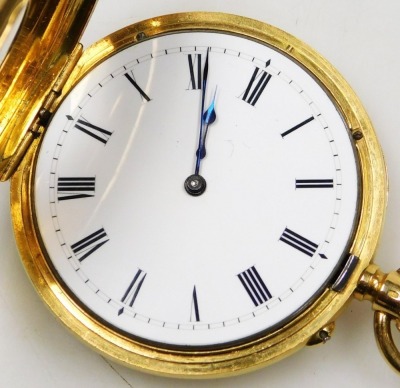 A Victorian half hunter pocket watch, keyless wind, circular enamel dial bearing Roman numerals, movement by John Ashworth and Company, Manchester and Geneva, number 10053, the case monogram engraved, with outer chapter ring in pink guilloche and blue ena - 3