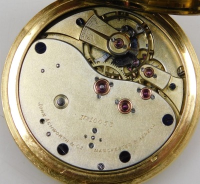 A Victorian half hunter pocket watch, keyless wind, circular enamel dial bearing Roman numerals, movement by John Ashworth and Company, Manchester and Geneva, number 10053, the case monogram engraved, with outer chapter ring in pink guilloche and blue ena - 4