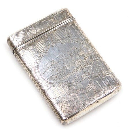 A Victorian silver cigar case, of oblong form, with a hinged lid, engraved centrally with a cartouche of huntsmen and hounds, within a ground with engine turned decoration, foliate scroll and fruit engraving, Taylor & Kerry, Birmingham 1847, 4.36oz.