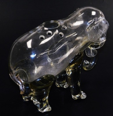 A late 19thC Loetz style glass flower holder, modelled as a standing elephant, with one large and twelve small round flower holes, 30.5cm wide. - 2