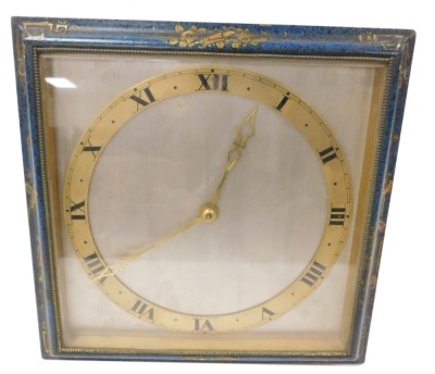 An early 20thC brass and japanned lacquer strut clock, with a square silvered dial, and brass chapter ring bearing Roman numerals, French movement, the blue lacquer frame decorated with figures and a temple, flowers etc., 22.5cm high, 22.5cm wide.