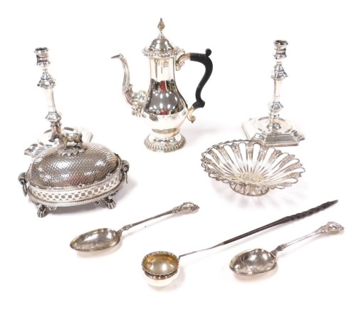 A pair of Barker Ellis silver plated candlesticks, Victorian silver plated butter dish, with an opaline glass liner, and pierced lid with cow finial, pair of berry spoons, toddy ladle with a whale bone handle, Mappin & Webb silver plated coffee pot, pair