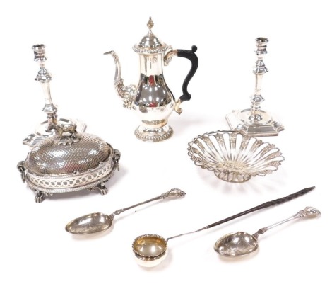 A pair of Barker Ellis silver plated candlesticks, Victorian silver plated butter dish, with an opaline glass liner, and pierced lid with cow finial, pair of berry spoons, toddy ladle with a whale bone handle, Mappin & Webb silver plated coffee pot, pair 