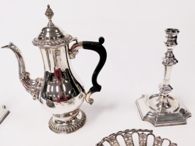 A pair of Barker Ellis silver plated candlesticks, Victorian silver plated butter dish, with an opaline glass liner, and pierced lid with cow finial, pair of berry spoons, toddy ladle with a whale bone handle, Mappin & Webb silver plated coffee pot, pair - 2