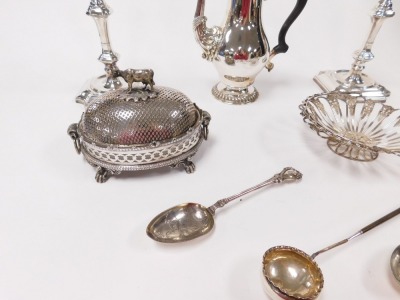 A pair of Barker Ellis silver plated candlesticks, Victorian silver plated butter dish, with an opaline glass liner, and pierced lid with cow finial, pair of berry spoons, toddy ladle with a whale bone handle, Mappin & Webb silver plated coffee pot, pair - 3