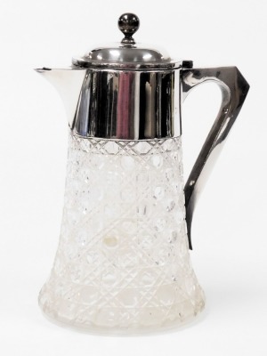 A late 19thC cut glass and plate mounded claret or lemonade jug, the hinged lid opening to reveal an interior with separate plate mounted ice canister, with a lid and swing handle, 25cm high. - 2