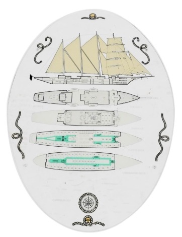 An oval glass plaque of a White Star clipper, showing a side profile of the ship, and aerial plans of the fore, main, clipper and commodore decks, 100cm x 69cm.