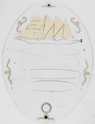 An oval glass plaque of a White Star clipper, showing a side profile of the ship, and aerial plans of the fore, main, clipper and commodore decks, 100cm x 69cm. - 2