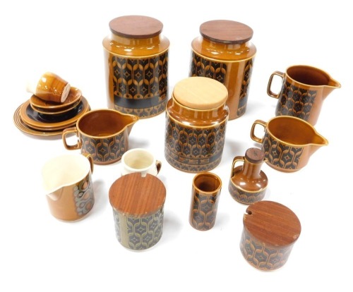 A group of Hornsea Heirloom pattern pottery, including storage jars, for flour, biscuits and coffee, jugs, plates and saucers. (qty)