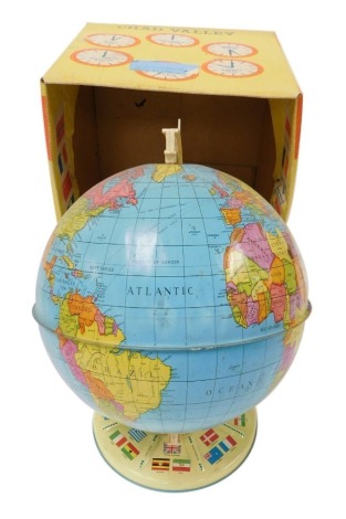 A mid century Chad Valley tinplate Globe of the World, boxed.