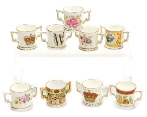 Nine Royal Crown Derby porcelain miniature loving cups, limited edition of 250, exclusive to Goviers of Sidmouth, and others, two with boxes.