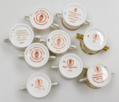 Nine Royal Crown Derby porcelain miniature loving cups, limited edition of 250, exclusive to Goviers of Sidmouth, and others, two with boxes. - 3