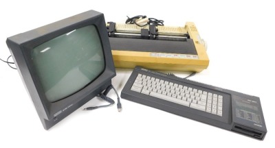 An Amstrad 120k colour personal computer, with disc drive, CPC6128, a monitor, GT65, and a printer, Lo5000di. (3) Buyer Note: WARNING! This lot contains untested or unsafe electrical items. It is supplied for scrap or reconditioning only. TRADE ONLY