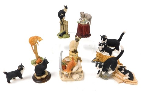 Six Border Fine Art sculptures, boxed with certificates, including Cat & Goldfish Bowl, Cat on Fence, and Waiting, together with Sherratt and Simpson and other cat sculptures. (11)