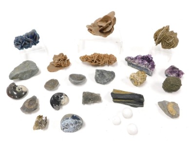 A group of fossils and minerals, including desert rose calcites, amethyst quarz, blue agate geode, ammonites, etc. (qty)