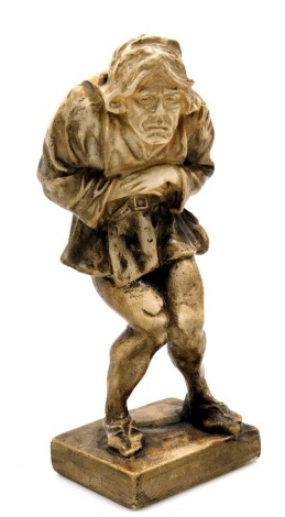 A late 19thC plaster figure of a grotesque man, possibly Richard III, modelled in a hunched position holding his stomach, raised on a rectangular base, signed to base indistinctly, 25cm high.